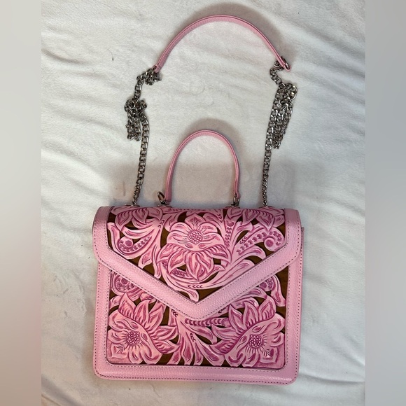 Fresa Tooled Leather Bag Pink Handbag Crossbody (B) - Picture 4 of 7